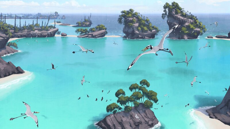 Pterodactyls Flying over Sea