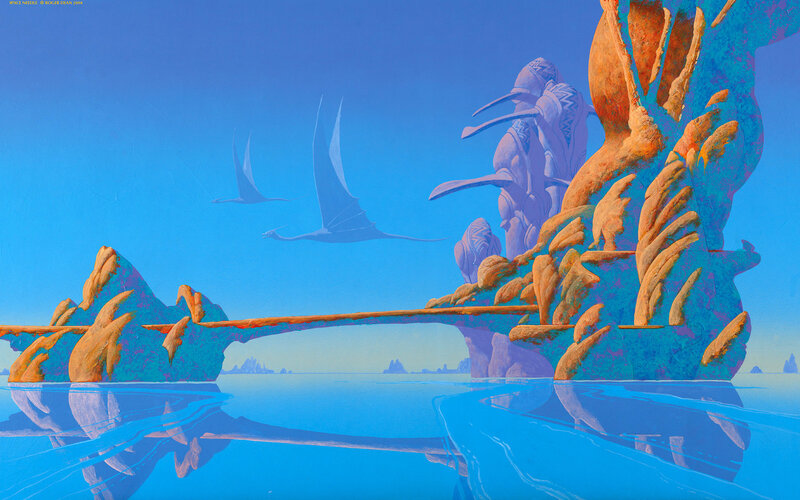 Pterodactyls over a bridge