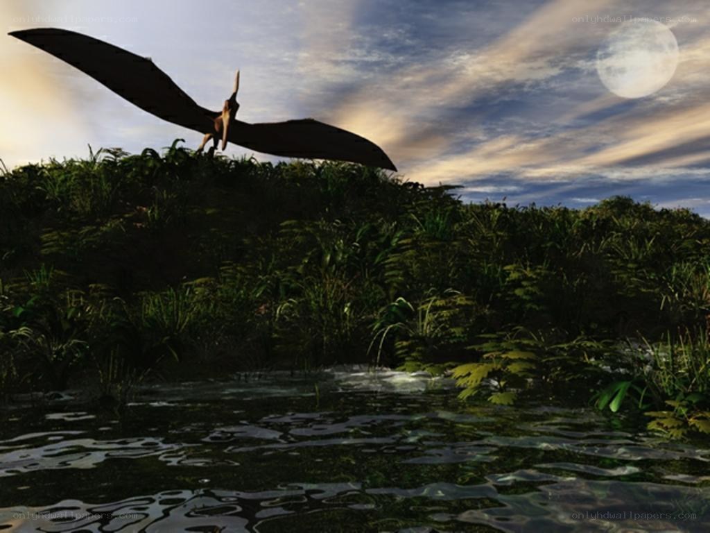 Pterosaur flying over prehistoric swamp