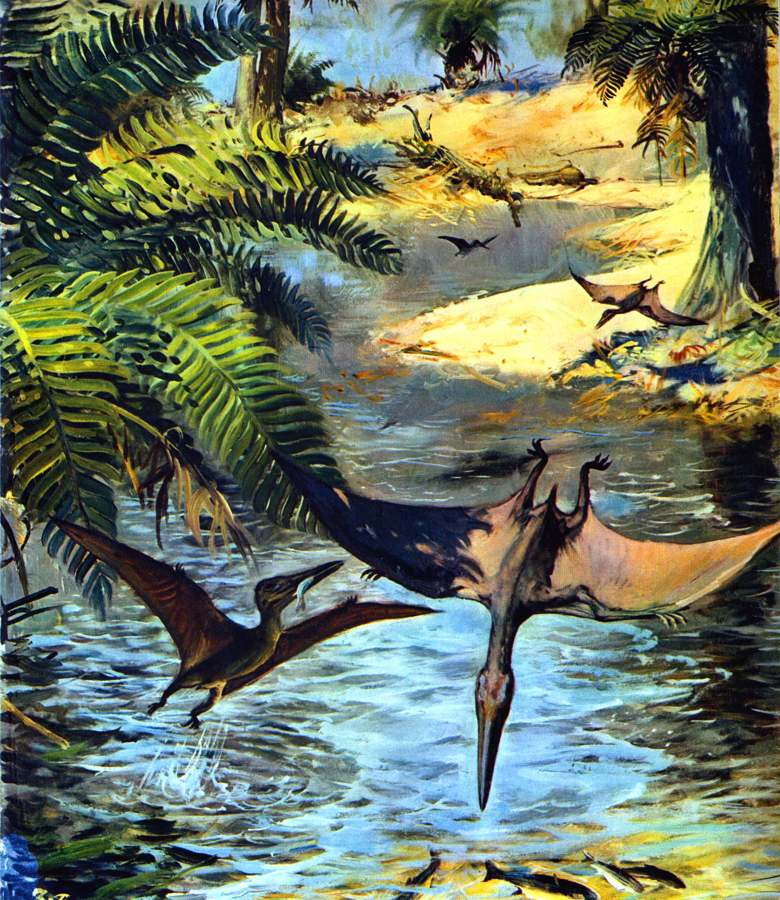 Pterosaurs fishing in prehistoric river