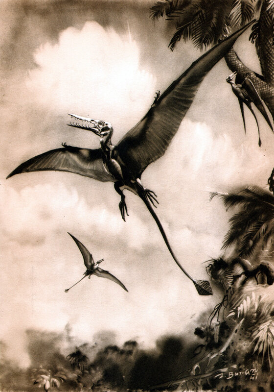 Pterosaurs in prehistoric sky