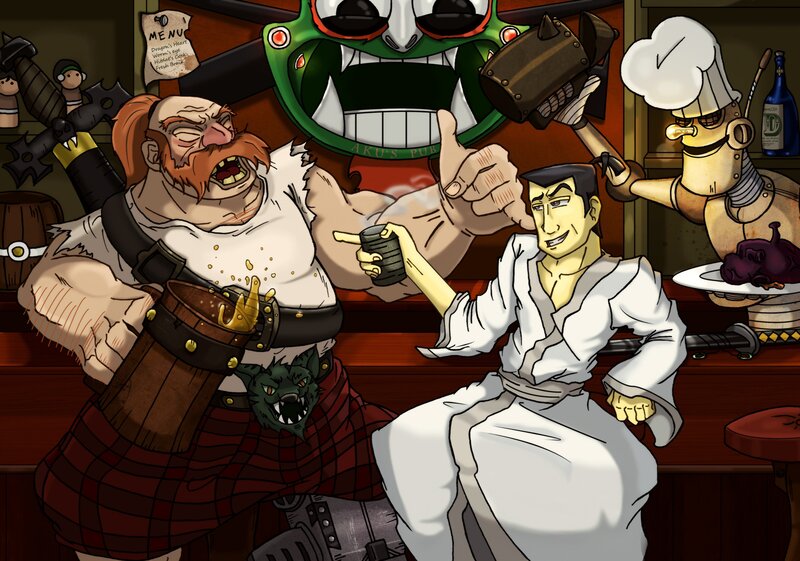 Pub scene with fantasy characters