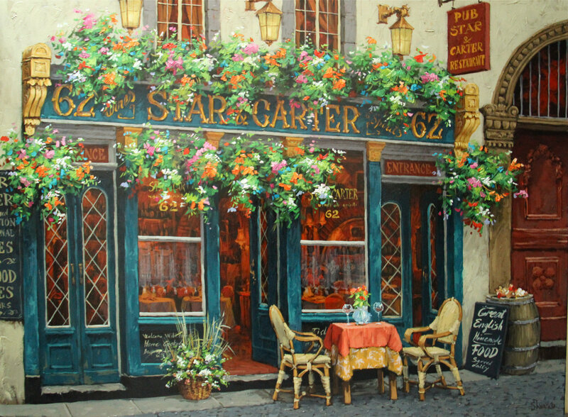 Pub Storefront with Flowers — Blue