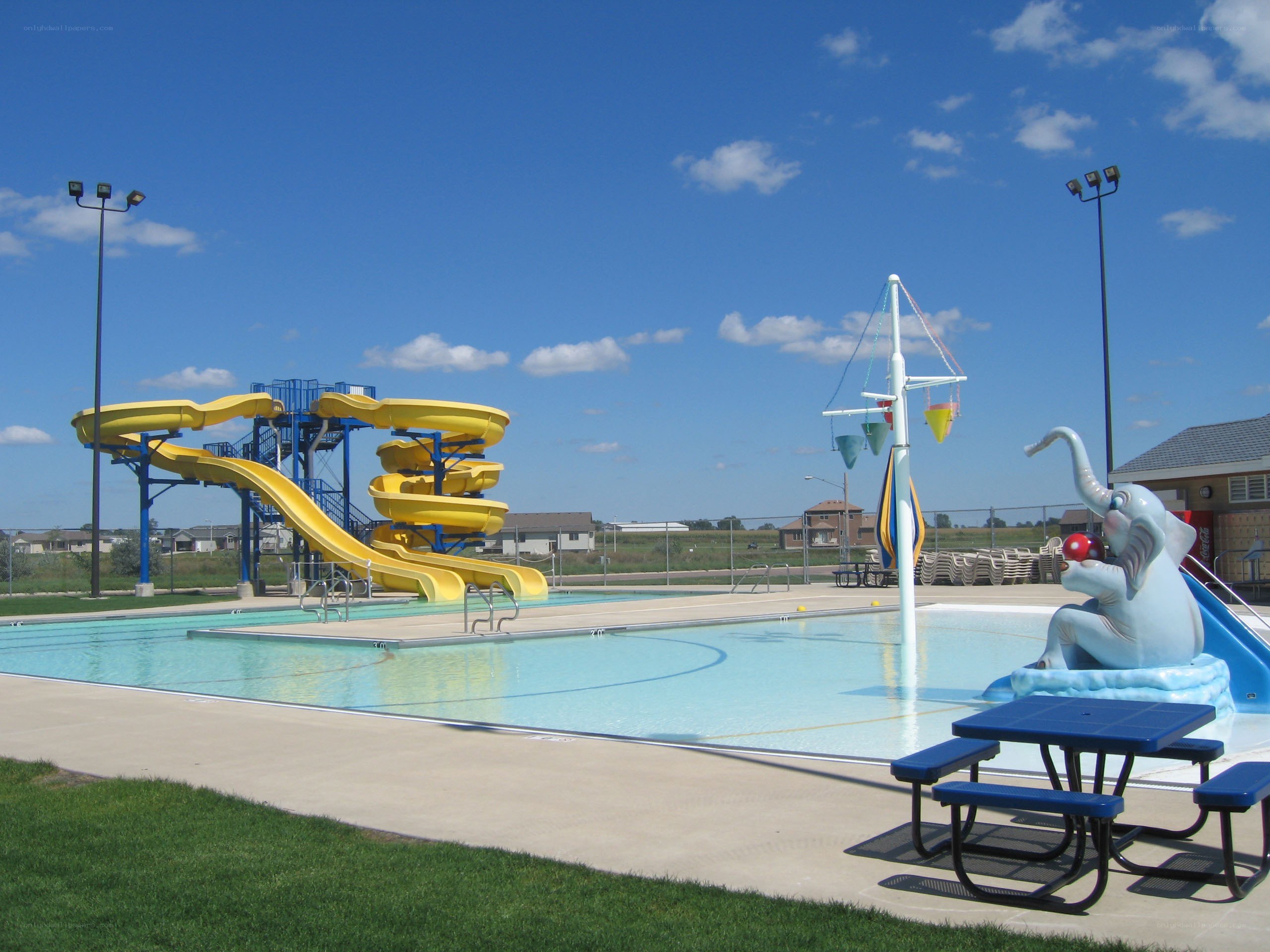 Public pool with water slides