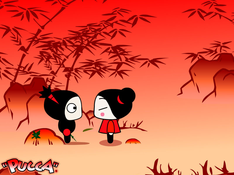 Pucca and Garu in a red garden