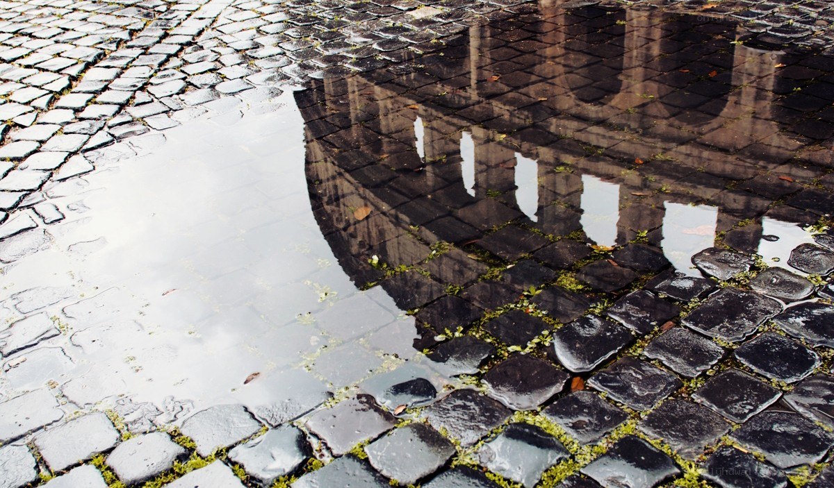 Puddle reflecting ancient architecture