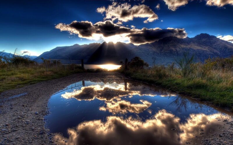 Puddle Reflecting Mountains — Blue, Dramatic