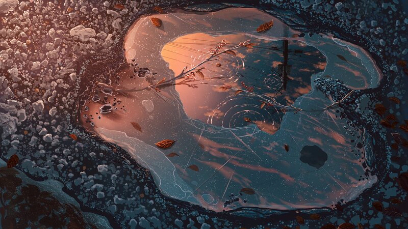 Puddle Reflecting Sunset — Blue, Serene