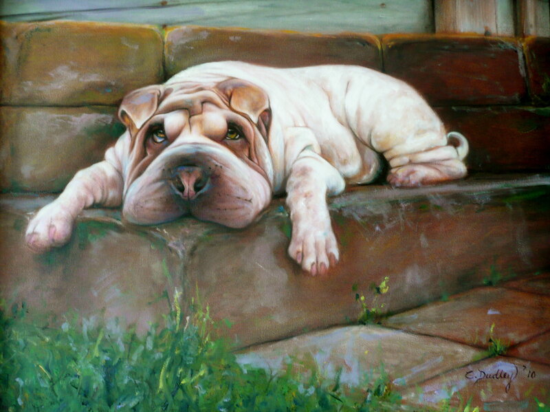 Pug dog resting on steps