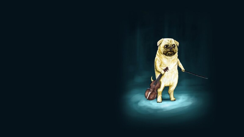 Pug Dog with Violin — Dark Blue, Dramatic, Night, Digital Art
