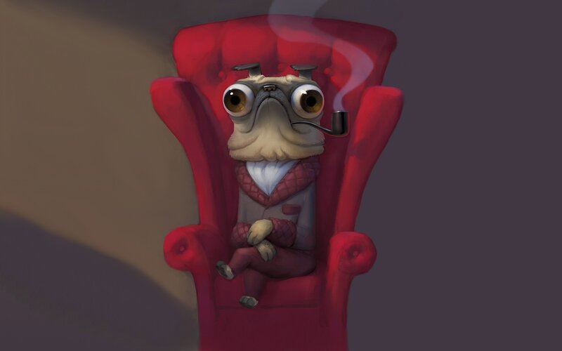 pug in red armchair