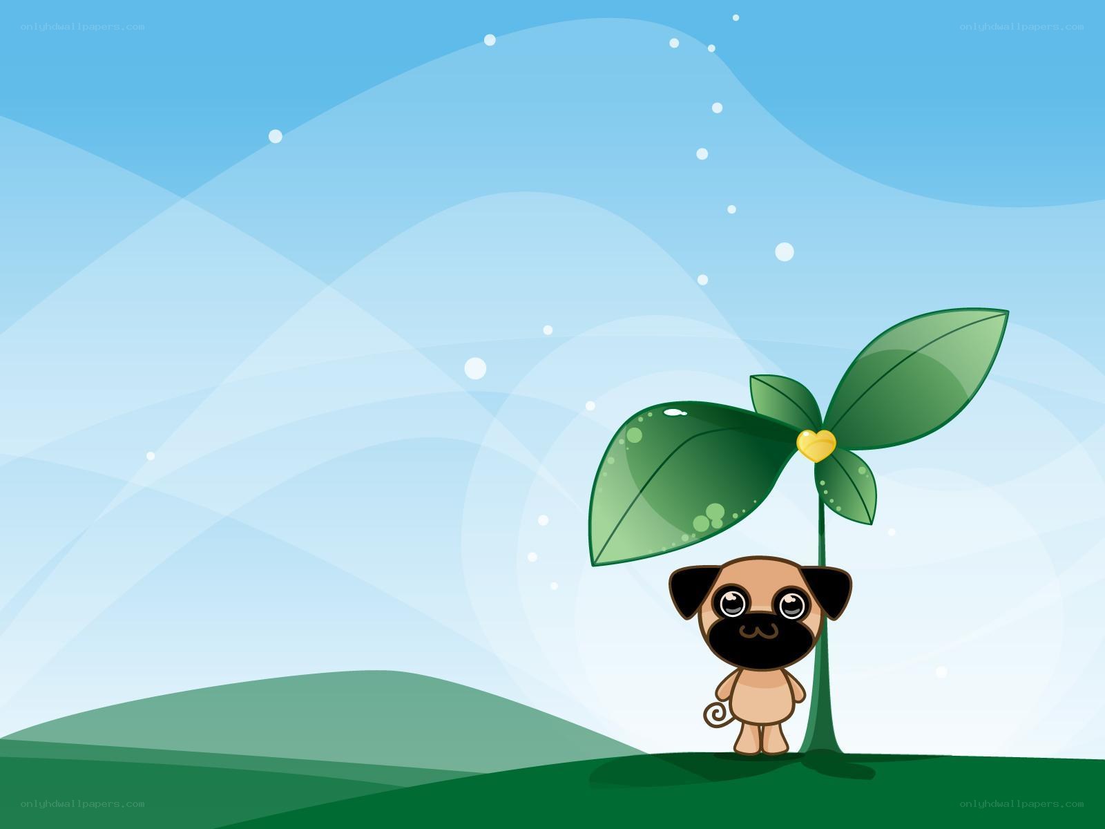 pug puppy with plant