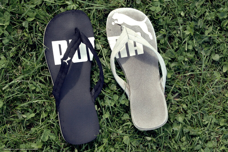 Puma flip-flops on grass