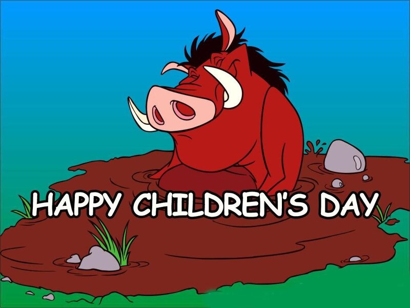 Pumbaa in mud with Children's Day text