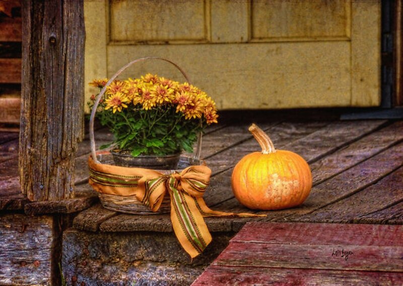 Pumpkin and Flowers on Porch