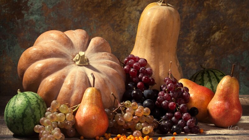 Pumpkin and Fruit Arrangement — Brown, Dramatic