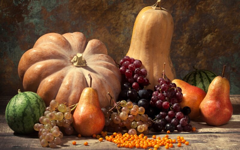 Pumpkin and Fruit Arrangement — Brown
