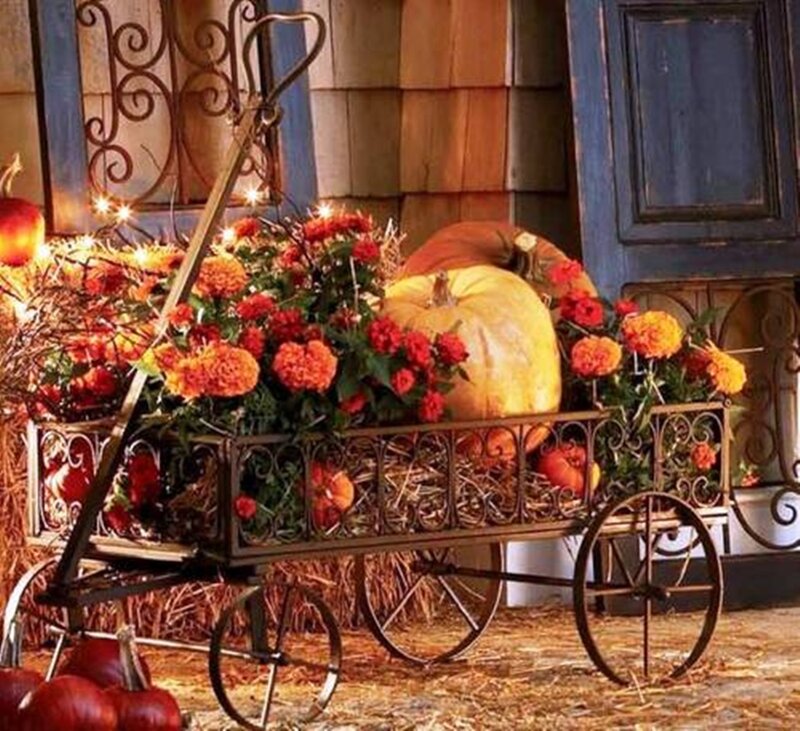 Pumpkin Cart with Flowers