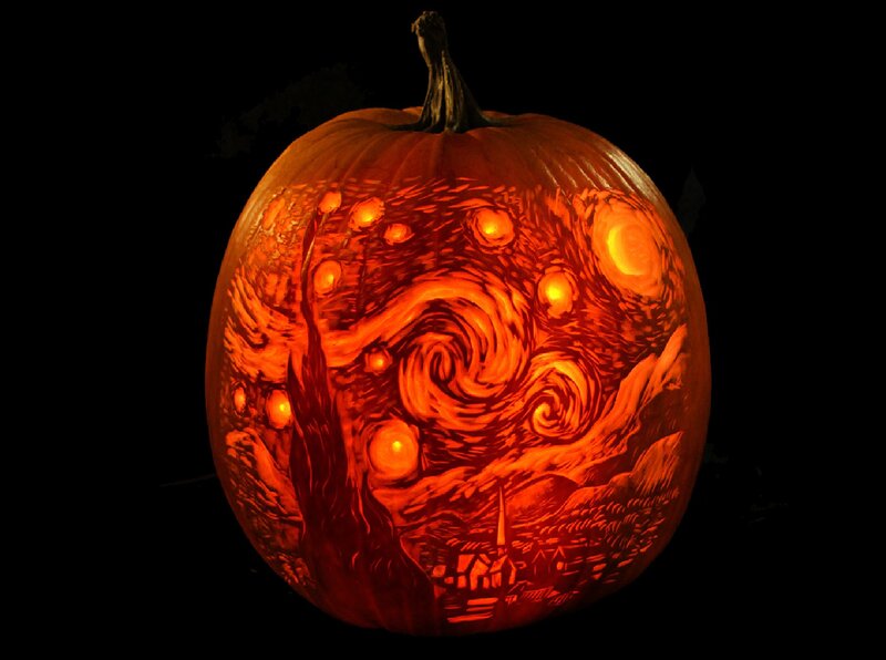 Pumpkin Carved as Starry Night