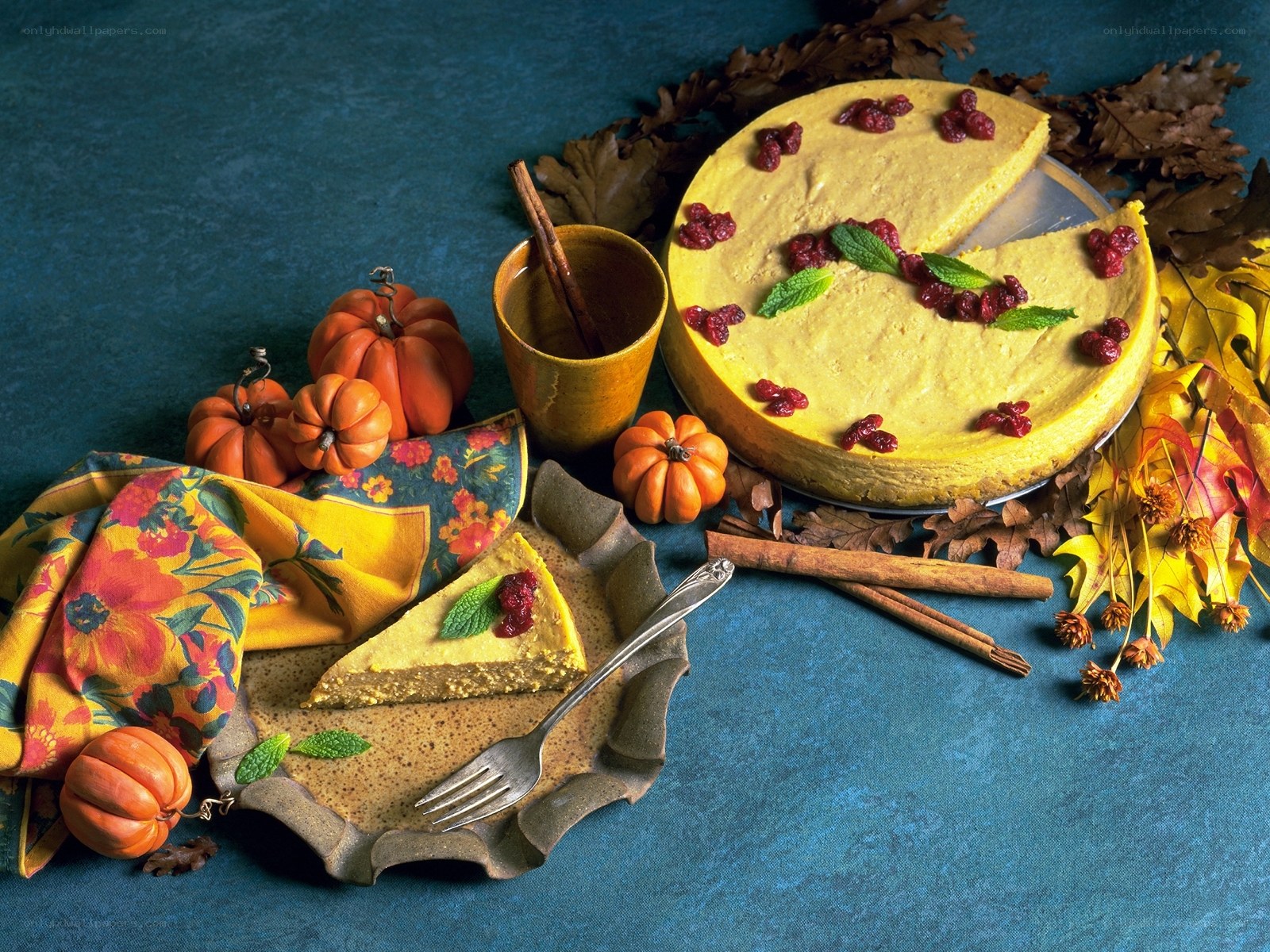 Pumpkin cheesecake with autumn decor