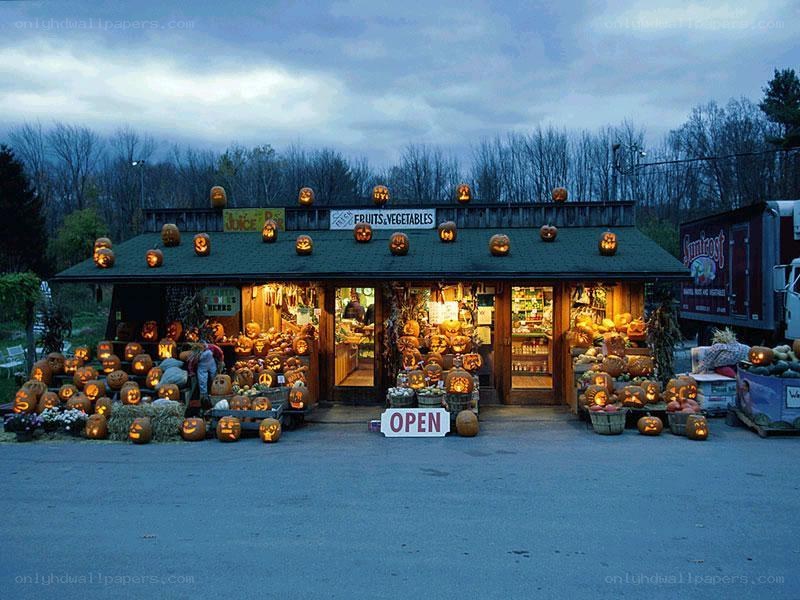 Pumpkin farm stand at dusk