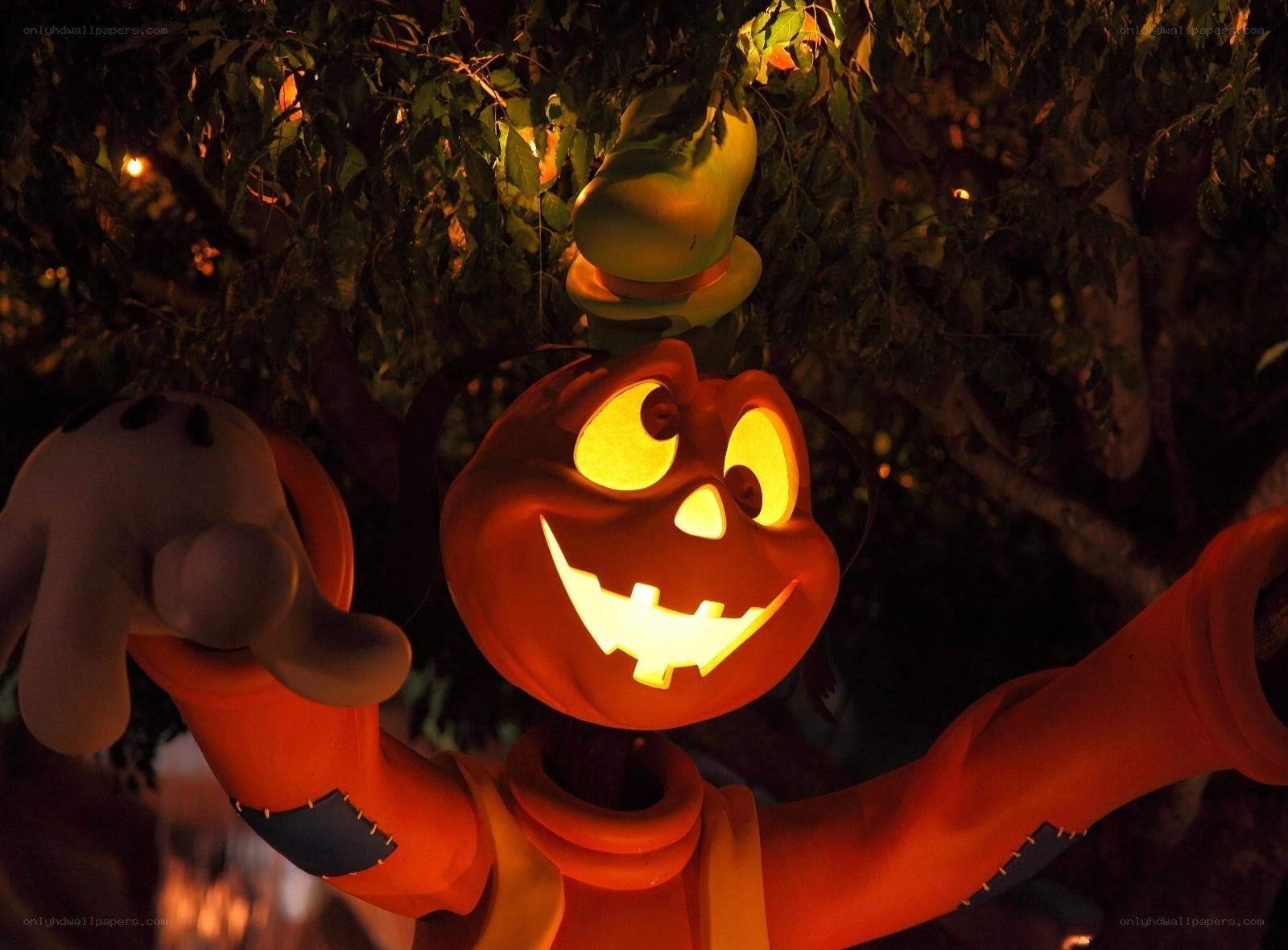 Pumpkin-headed character at night