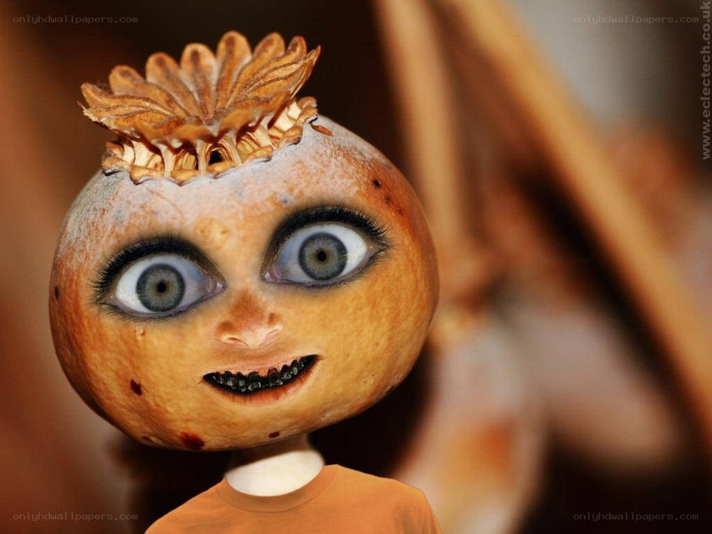 pumpkin-headed character with large eyes