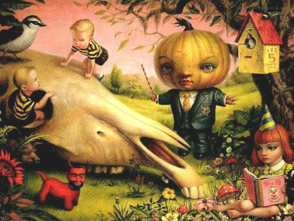 Pumpkin-headed child with children