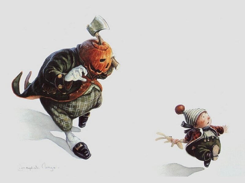 Pumpkin-headed figure chasing child