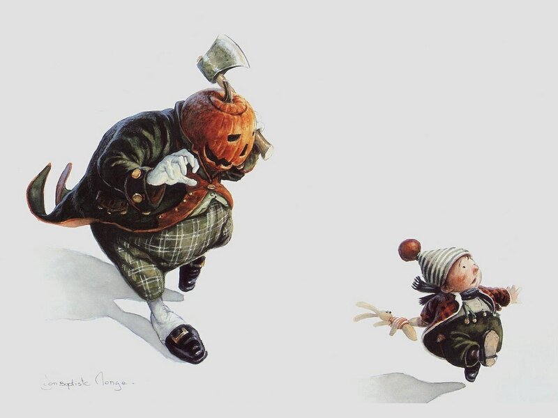 Pumpkin-headed Figure Chasing Child — White