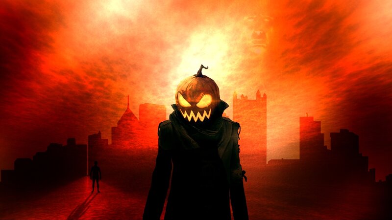Pumpkin-headed figure in city