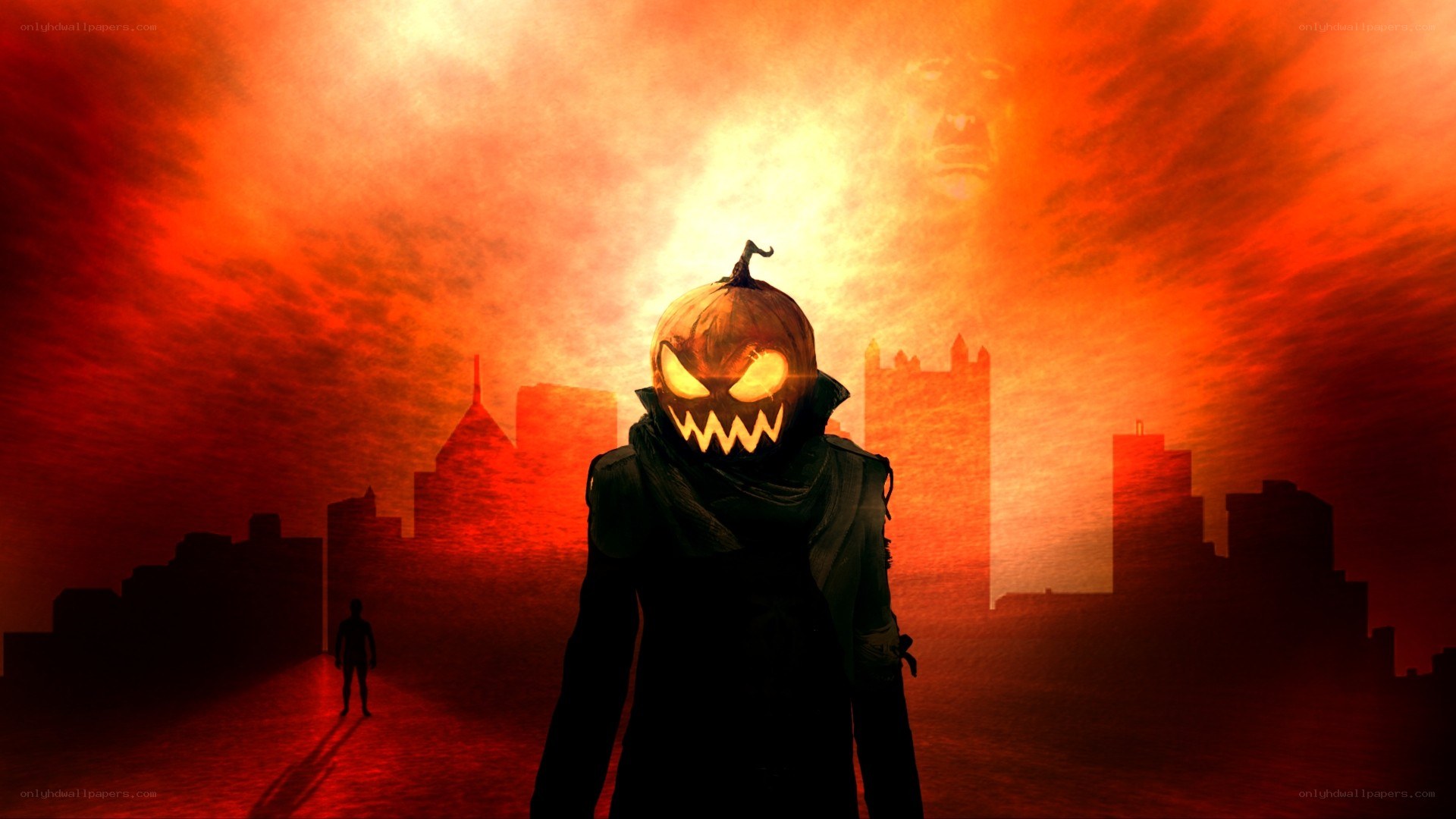 Pumpkin-headed figure in city