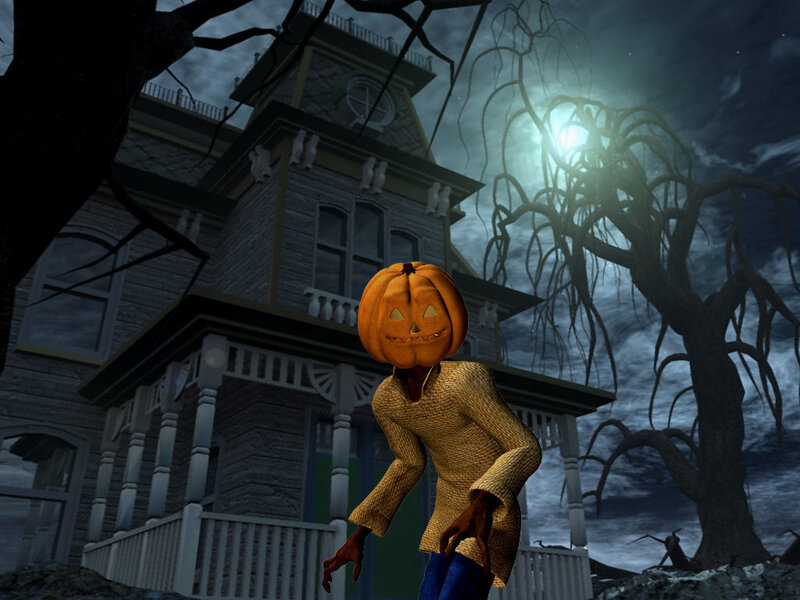 Pumpkin-headed figure in haunted house