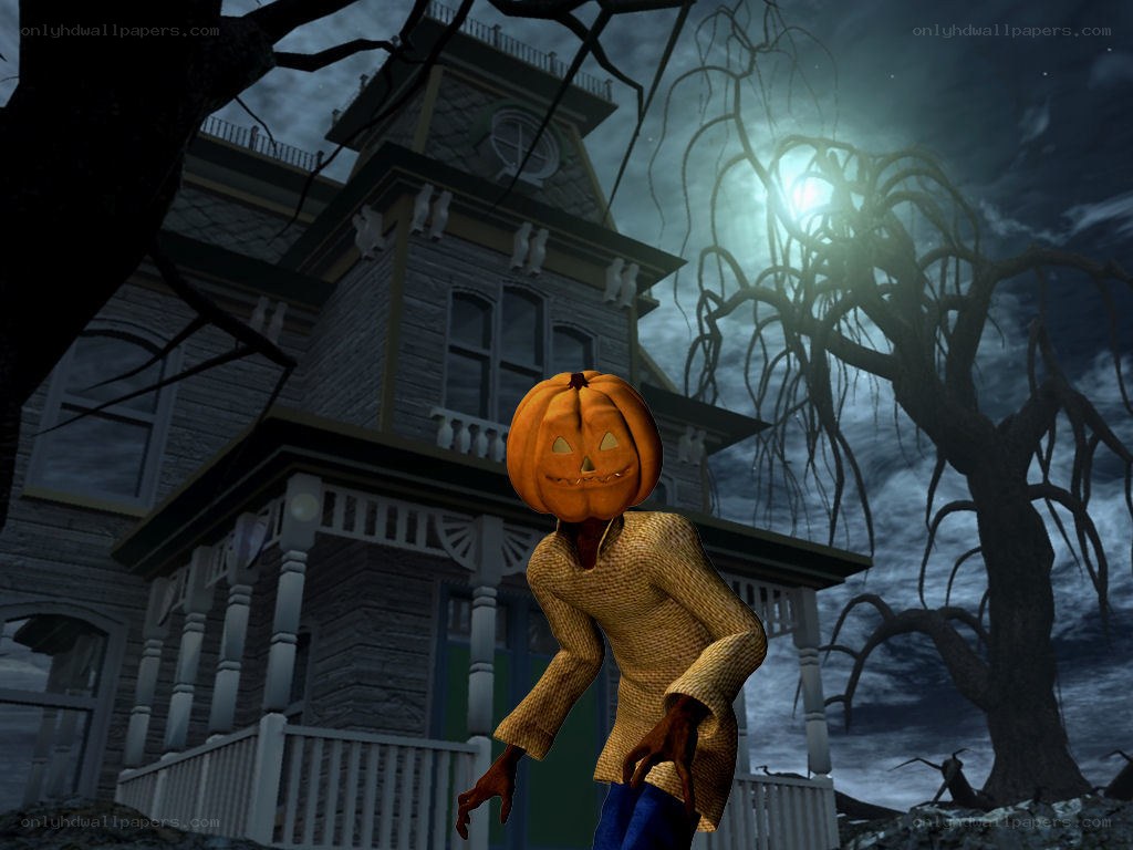 Pumpkin-headed figure in haunted house