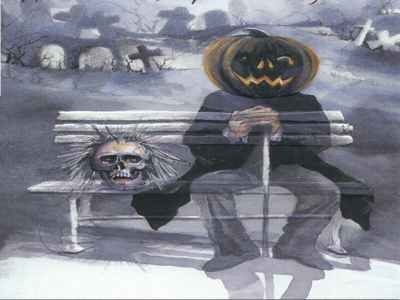 Pumpkin-headed figure on bench