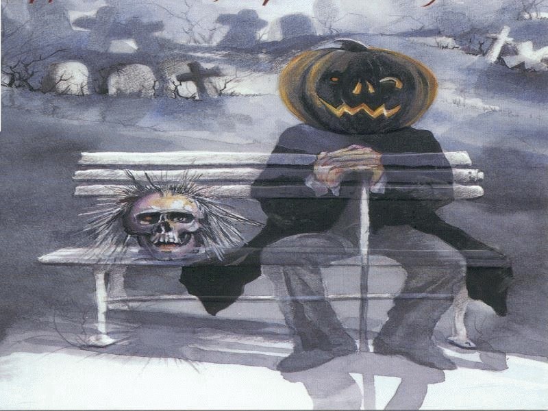 Pumpkin-headed figure on bench