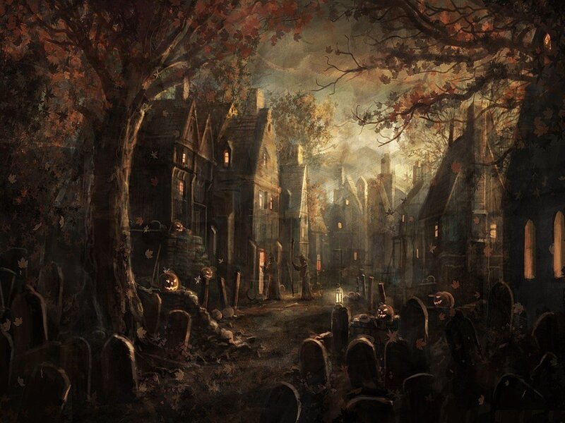 Pumpkin-headed Figures in Cemetery