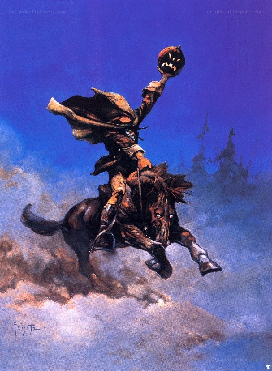 Pumpkin-headed rider on horse