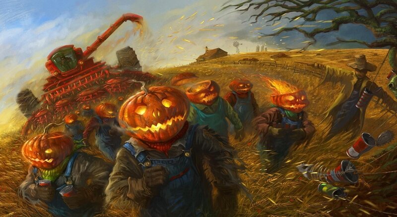 Pumpkin-headed scarecrows in field