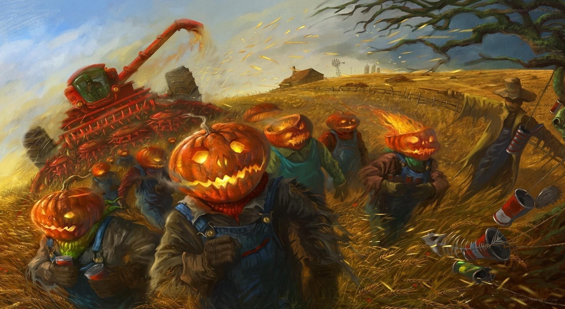 Pumpkin-headed scarecrows in field