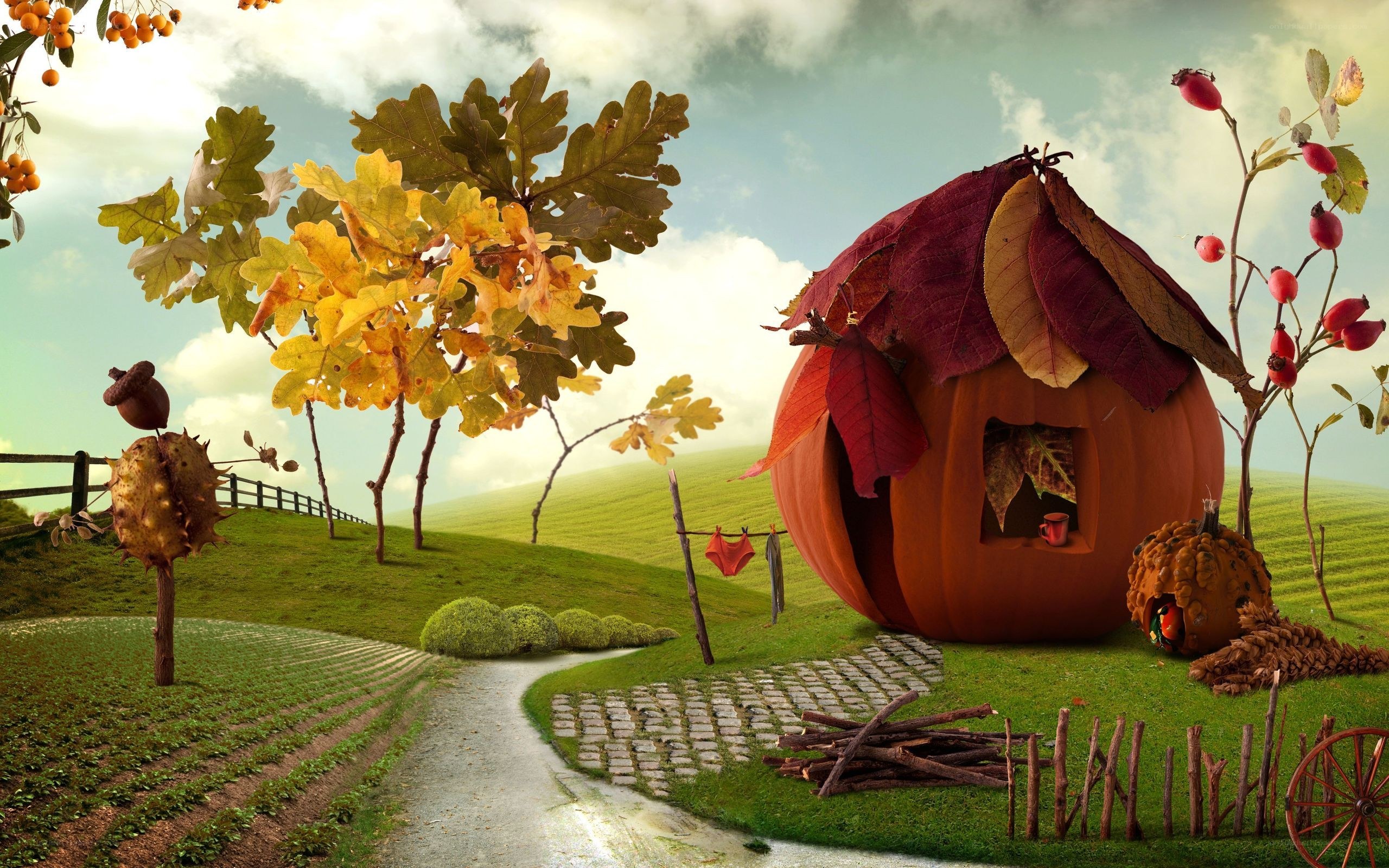 Pumpkin house in autumn landscape