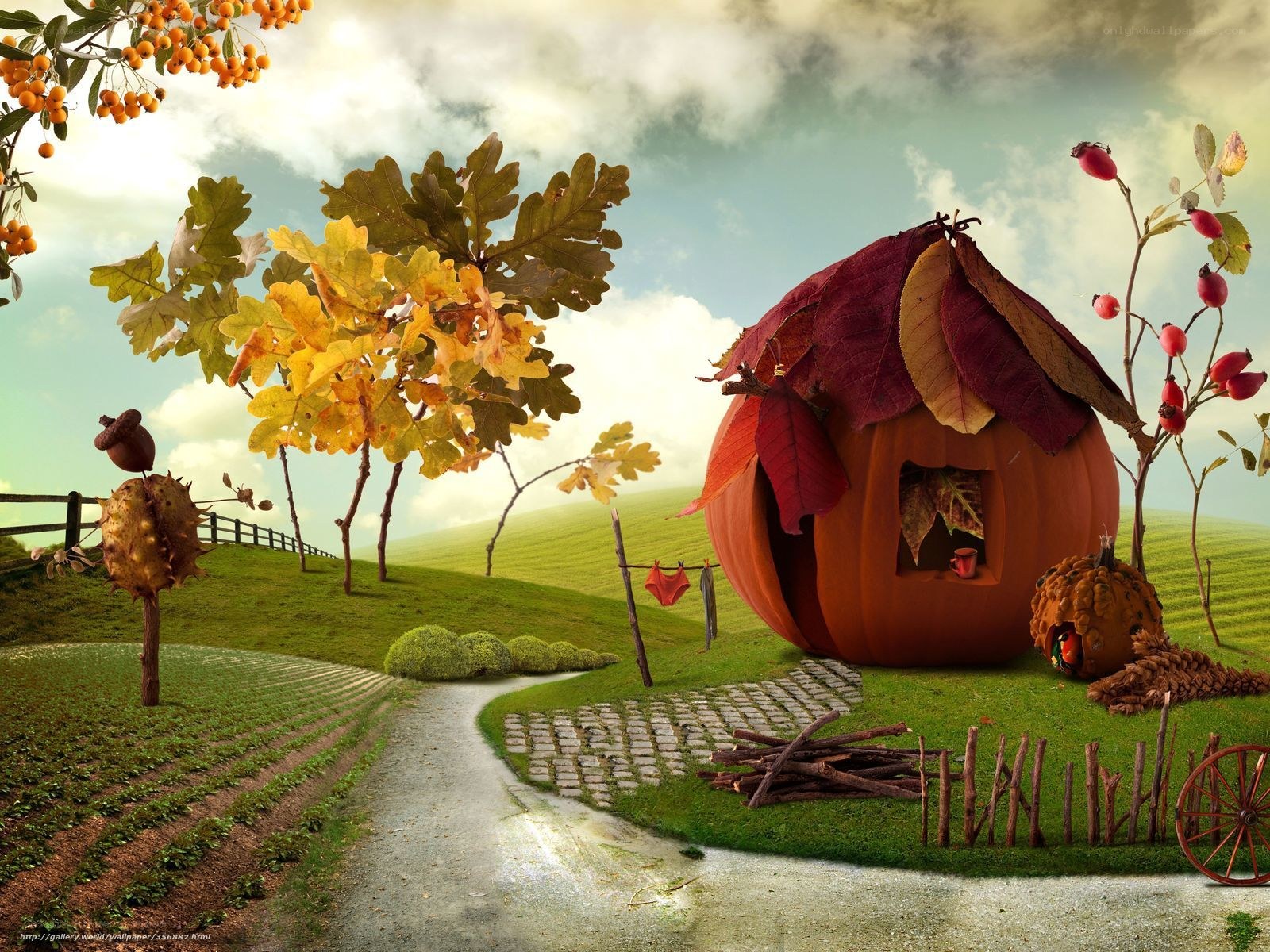 Pumpkin house in autumn landscape