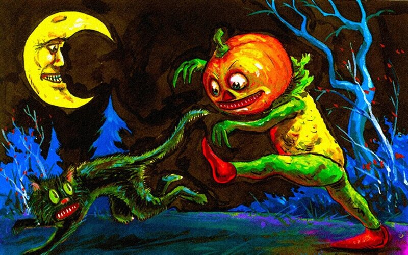 Pumpkin Monster Chasing Cat