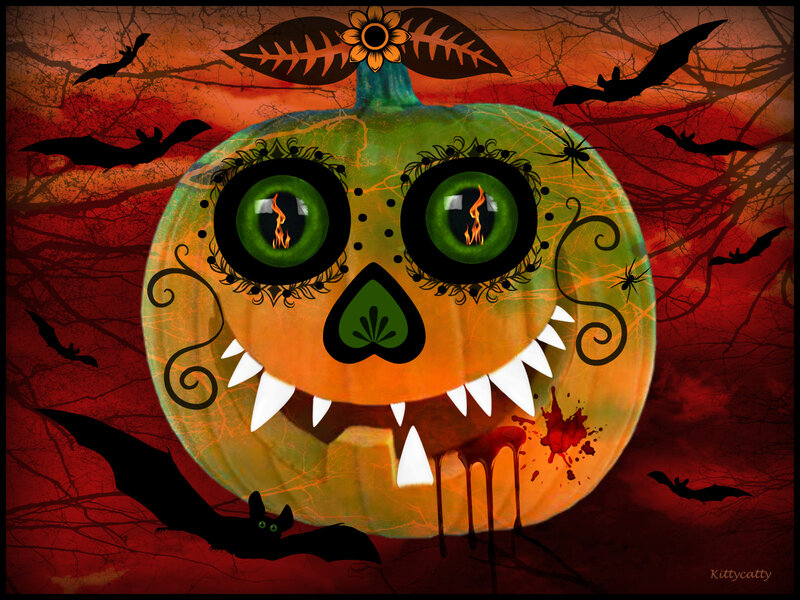Pumpkin Skull with Bats