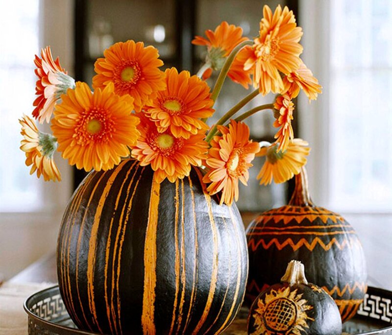 Pumpkin Vase with Flowers — Orange