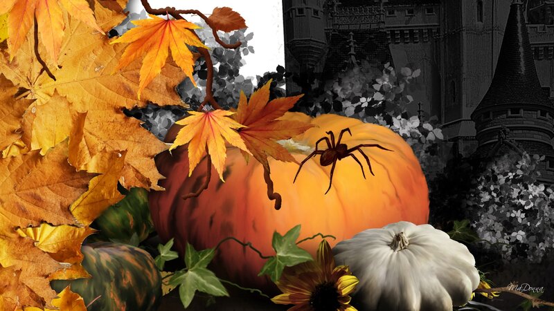 Pumpkin with Autumn Leaves — Orange, Festive, Digital Art