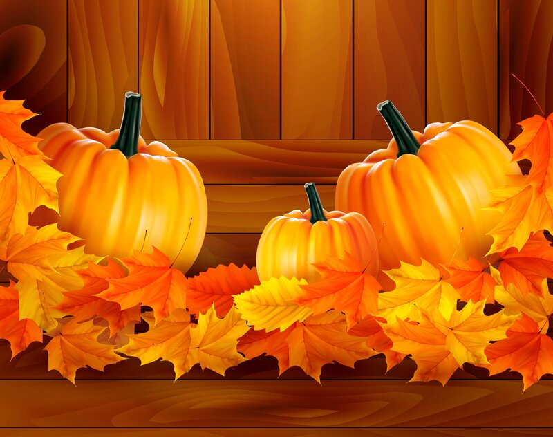 Pumpkins and Autumn Leaves — Orange, Festive, Digital Art