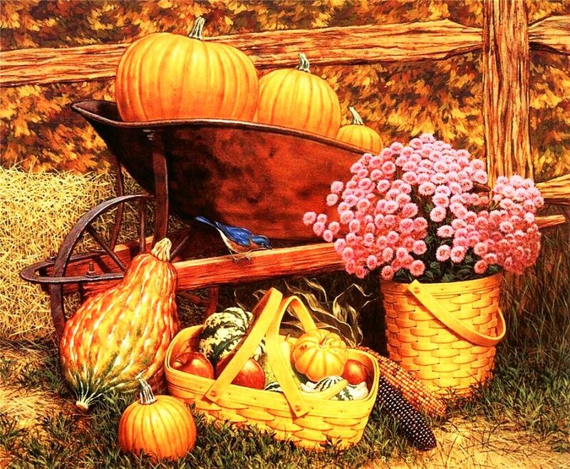 Pumpkins and Flowers in Wheelbarrow