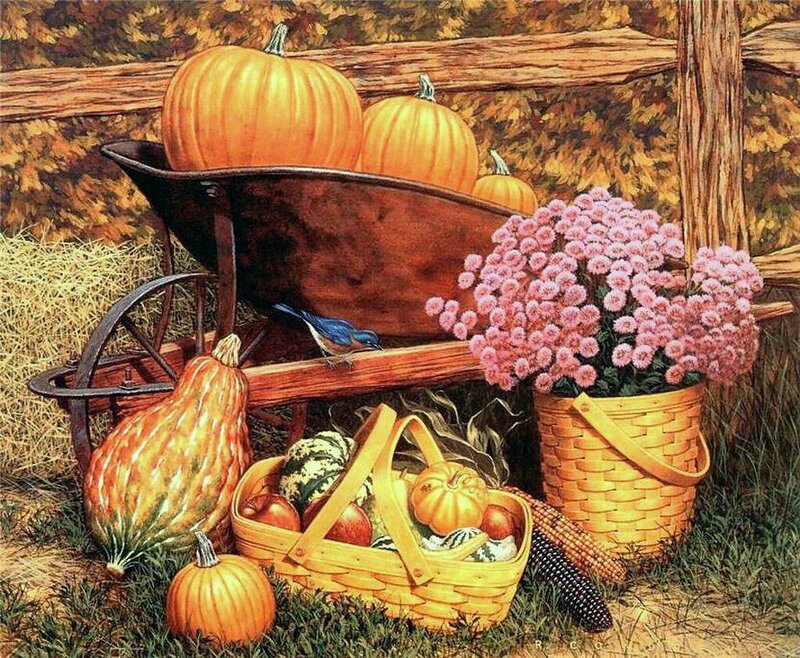 Pumpkins and Gourds in Wheelbarrow