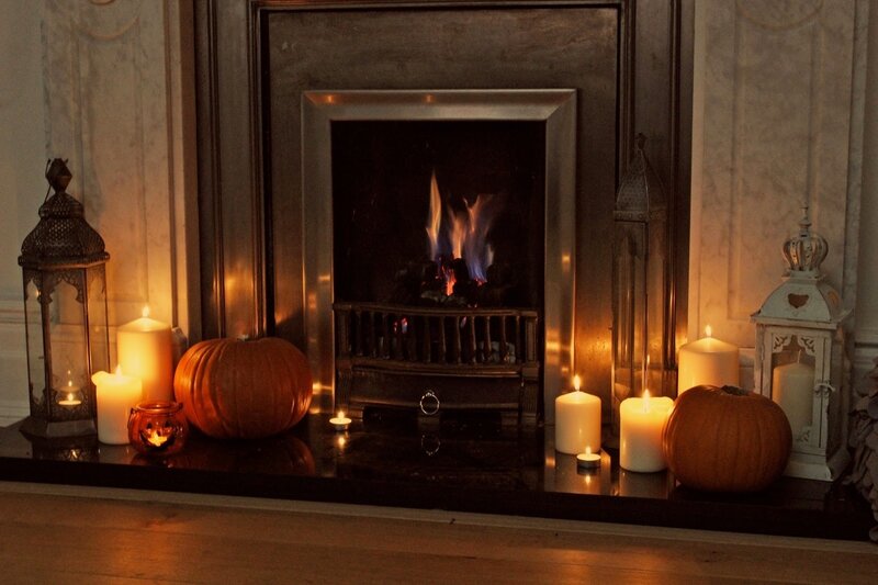 Pumpkins by Fireplace